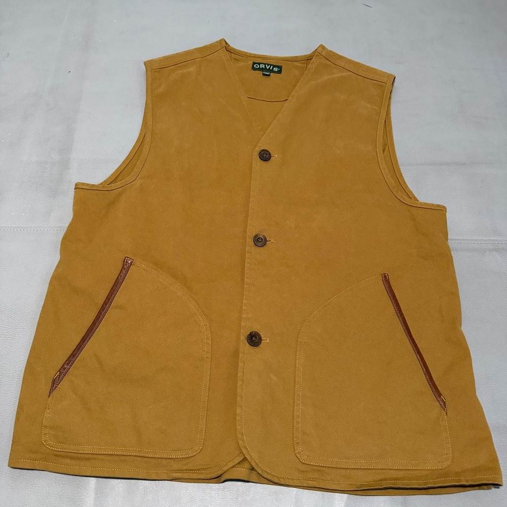Orvis Mens 2LMF Tan Canvas Shooting Hunt Hike Vest Brown Leather Trim-L-9532